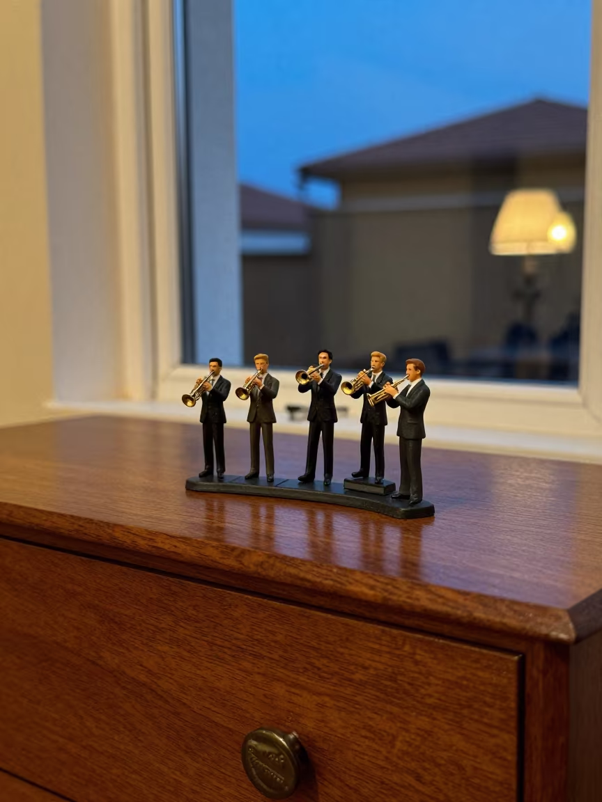 1940s Jazz Band Figurine on Varna Hotel Dresser in on a hotel dresser in Varna