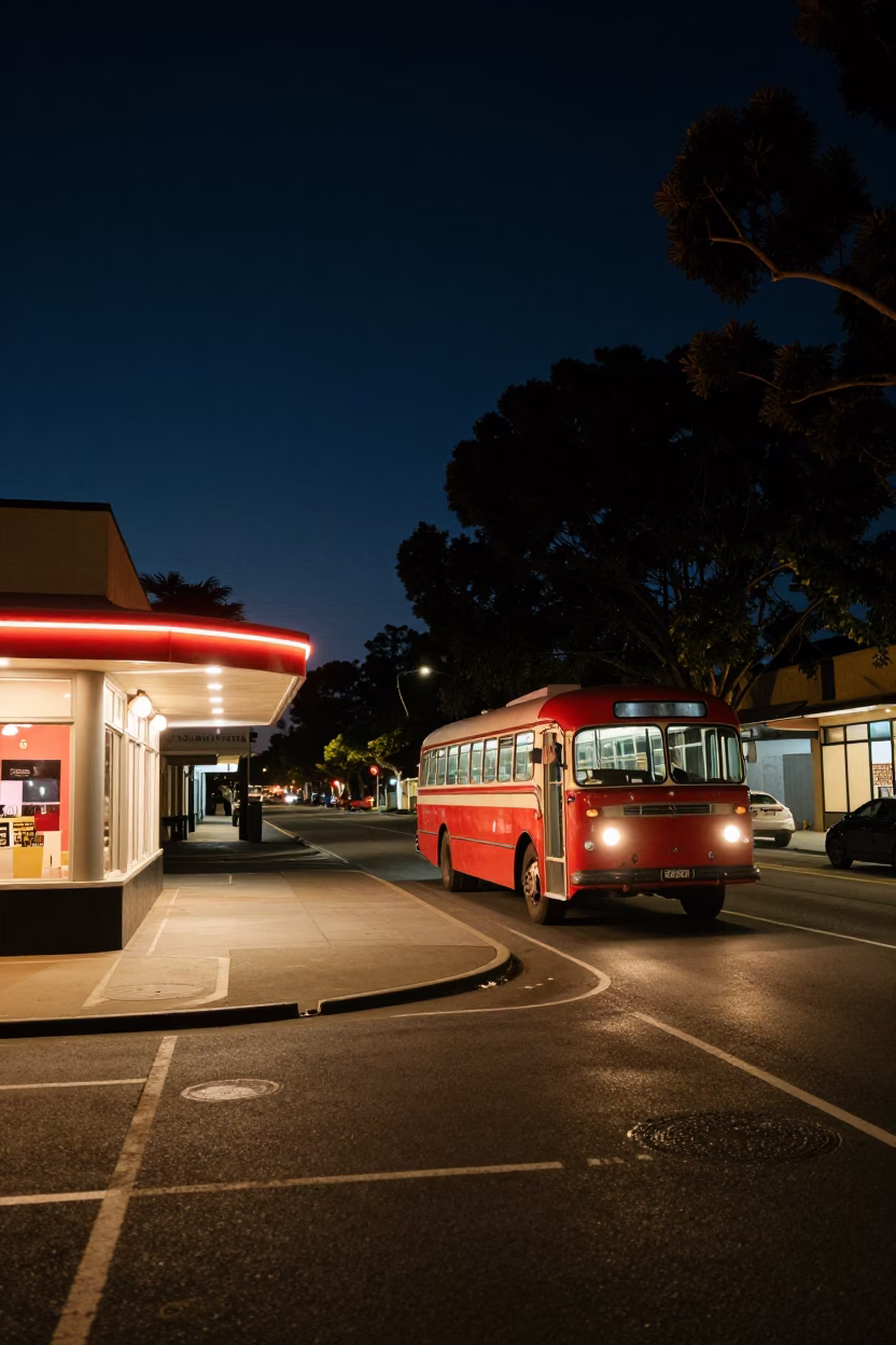 1950s Adelaide Night Street Scene with Vintage Bus and Local Diners in in Adelaide, South Australia, Australia