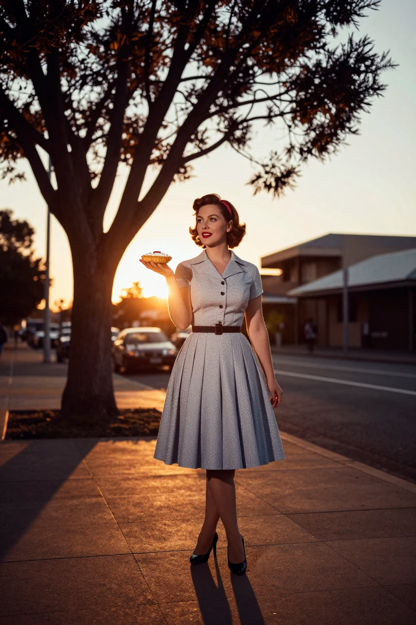 1950s Adelaide Street Fashion at Sunset with Fig Tree and Vintage Tart in in Adelaide, South Australia, Australia