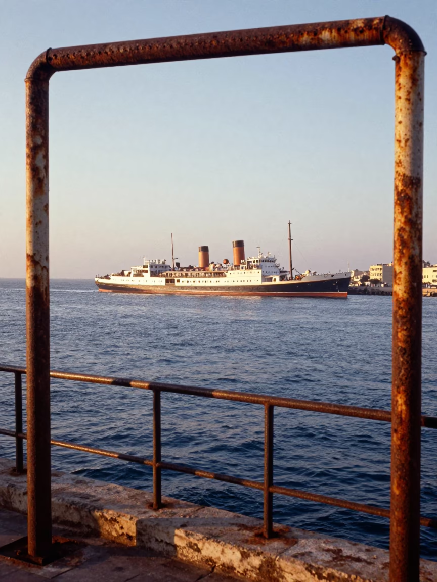 1950s Alexandria Egypt Harbor Scene with Rusty Frame and Steamship at Sunrise in in Alexandria, Egypt