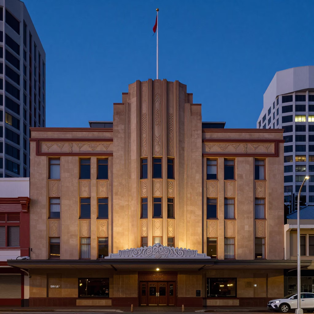 1950s Art Deco Hotel Facade And District Heating Pipes in Perth in in Perth, Western Australia, Australia