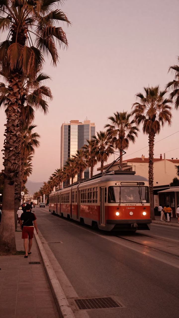 1950s Athens Greece Dusk Street Scene with Monorail and Palm Trees in in Athens, Greece