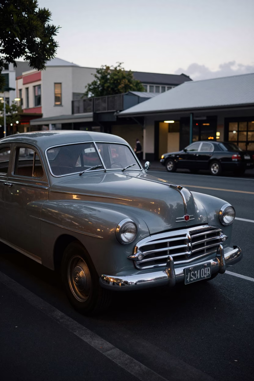 1950s Auckland Evening Street Scene with Vintage Sedan and Pedestrians in in Auckland, New Zealand