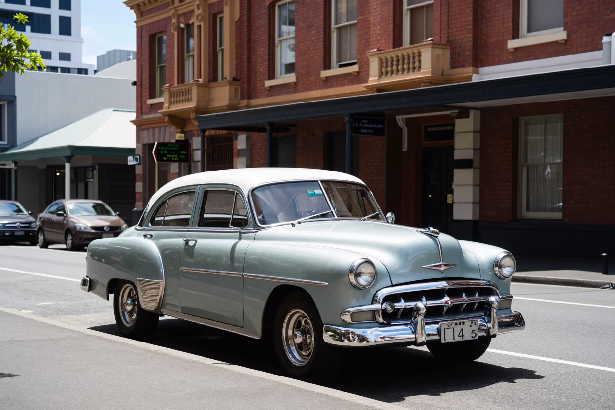 1950s Auckland Midday Street Scene with Vintage Car and Pedestrians in in Auckland, New Zealand