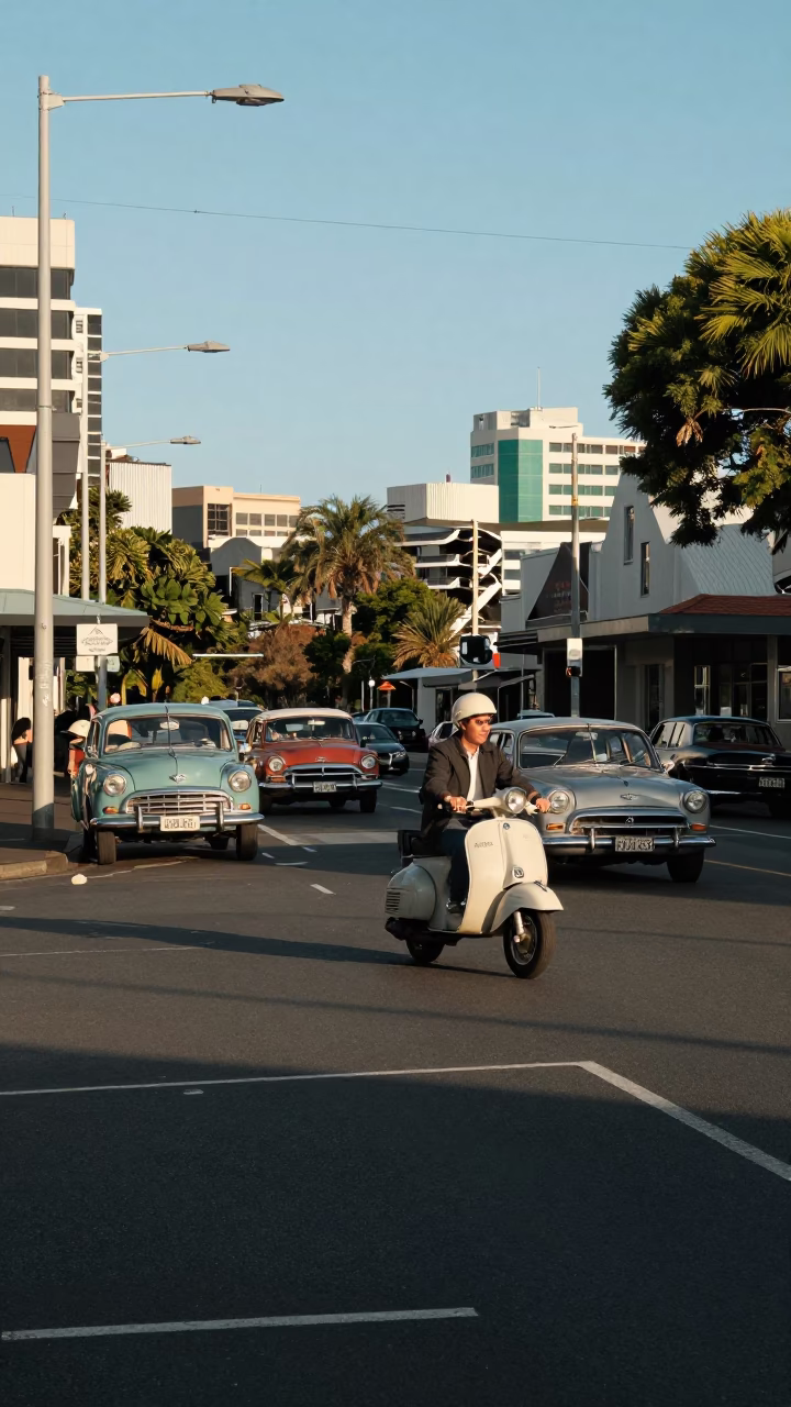 1950s Auckland Street Scene with Classic Cars and Vintage Scooter in Late Afternoon Light in in Auckland, New Zealand