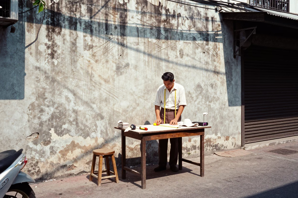 1950s Bangkok Street Scene with Measuring Tape and Plaster Wall Details in in Bangkok, Thailand