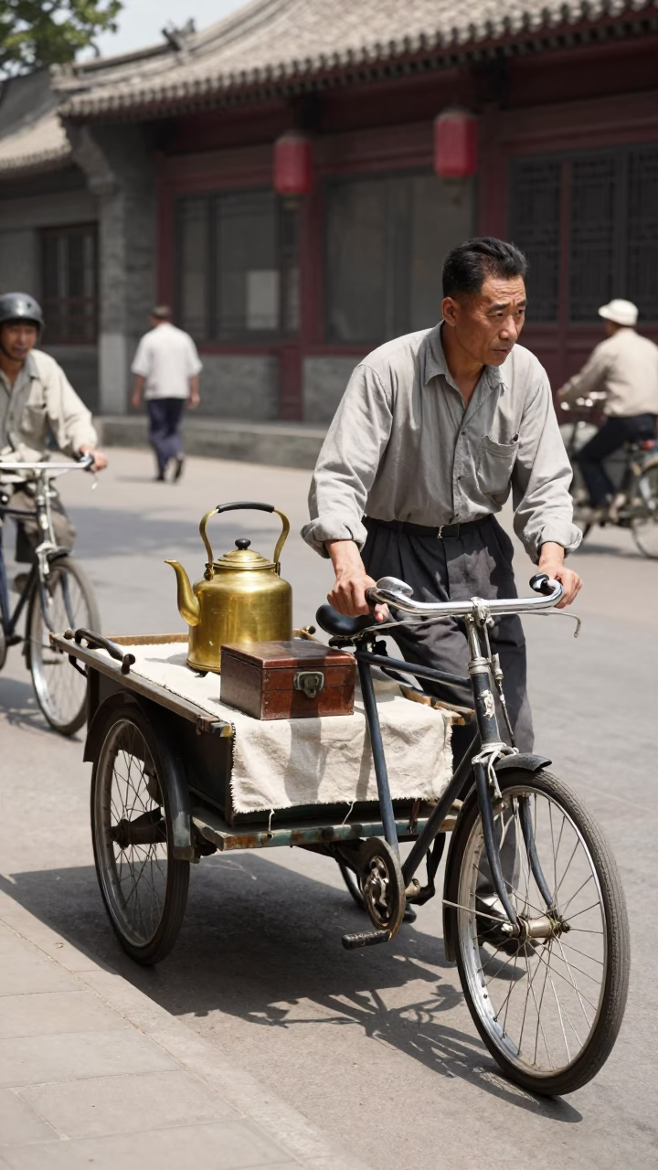 1950s Beijing Midday Street Scene with Vintage Bicycle and Local Vendor Cart in in Beijing, China