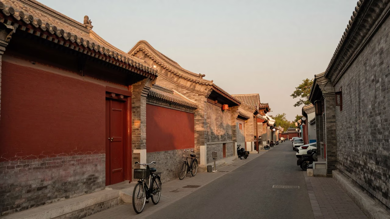 1950s Beijing Street Scene Honeyed Evening Light with Bicycle and Traditional Architecture in in Beijing, China