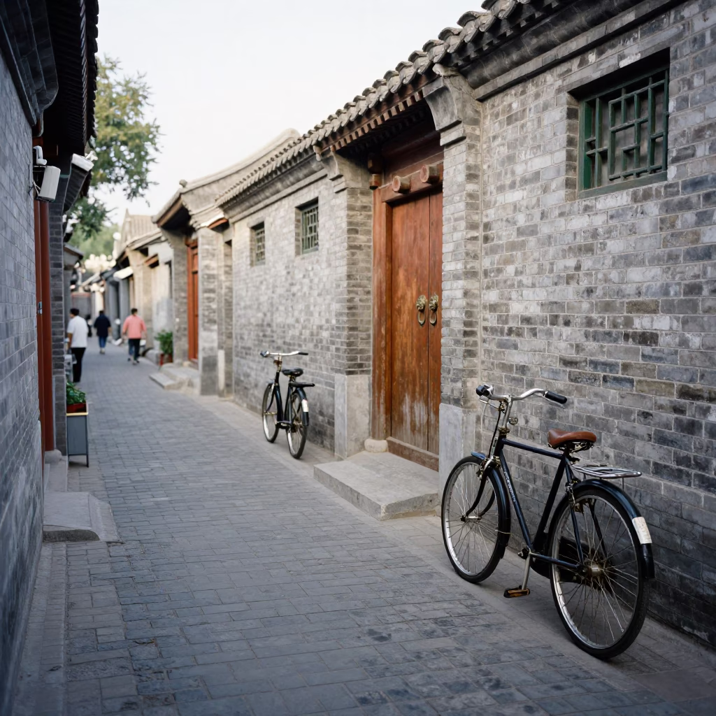 1950s Beijing Street Scene with Vintage Bicycles and Traditional Hutong Architecture in in Beijing, China