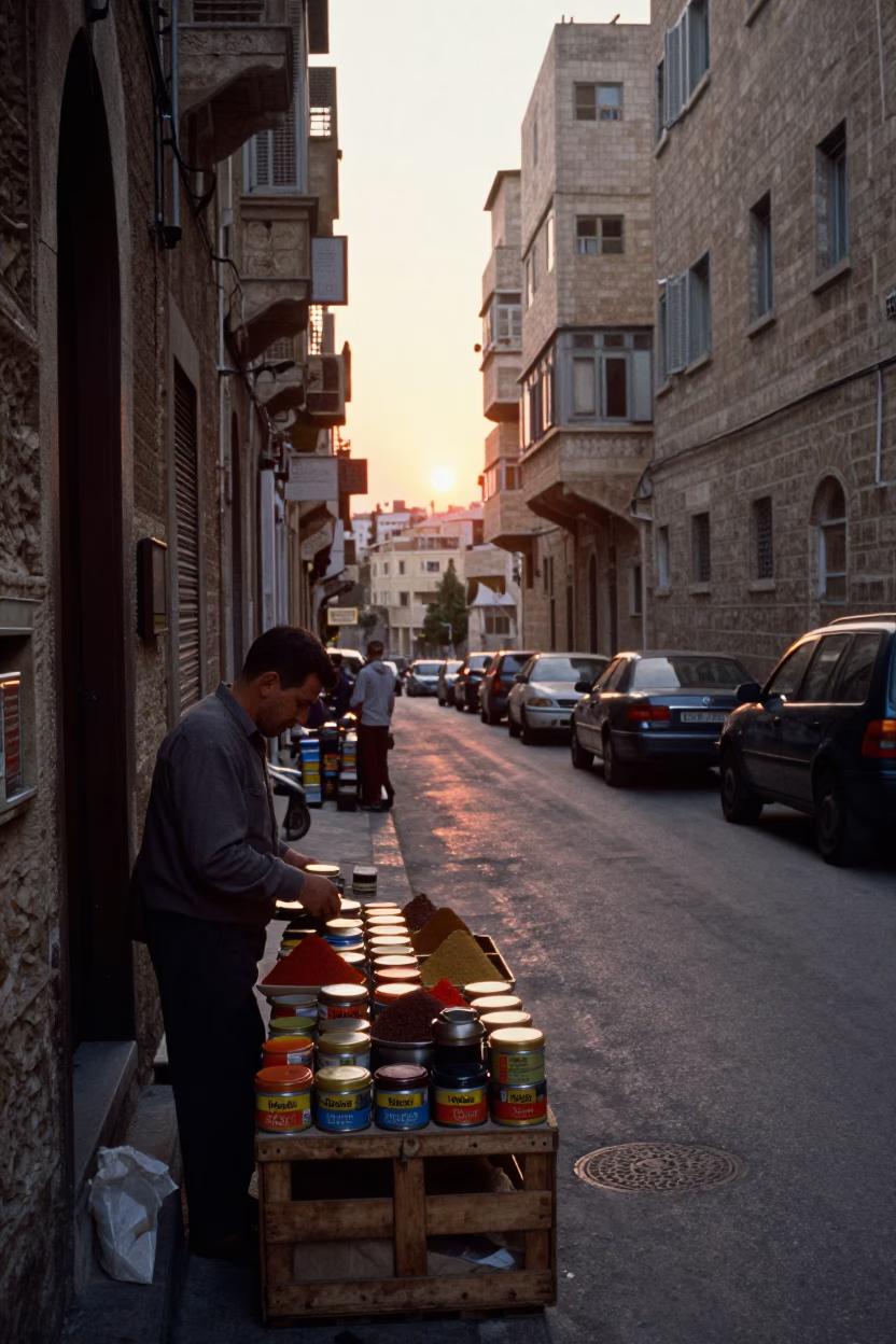 1950s Beirut Street Scene with Spice Tins and Narrow Alleyway at Sunset in in Beirut, Lebanon