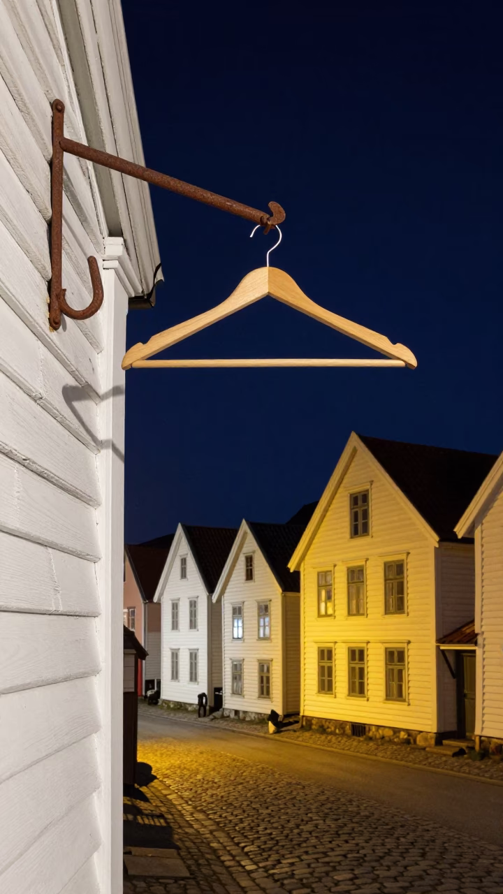 1950s Bergen Norway Night Street Scene with Wooden Hanger and Warm Interior Light in in Bergen, Norway