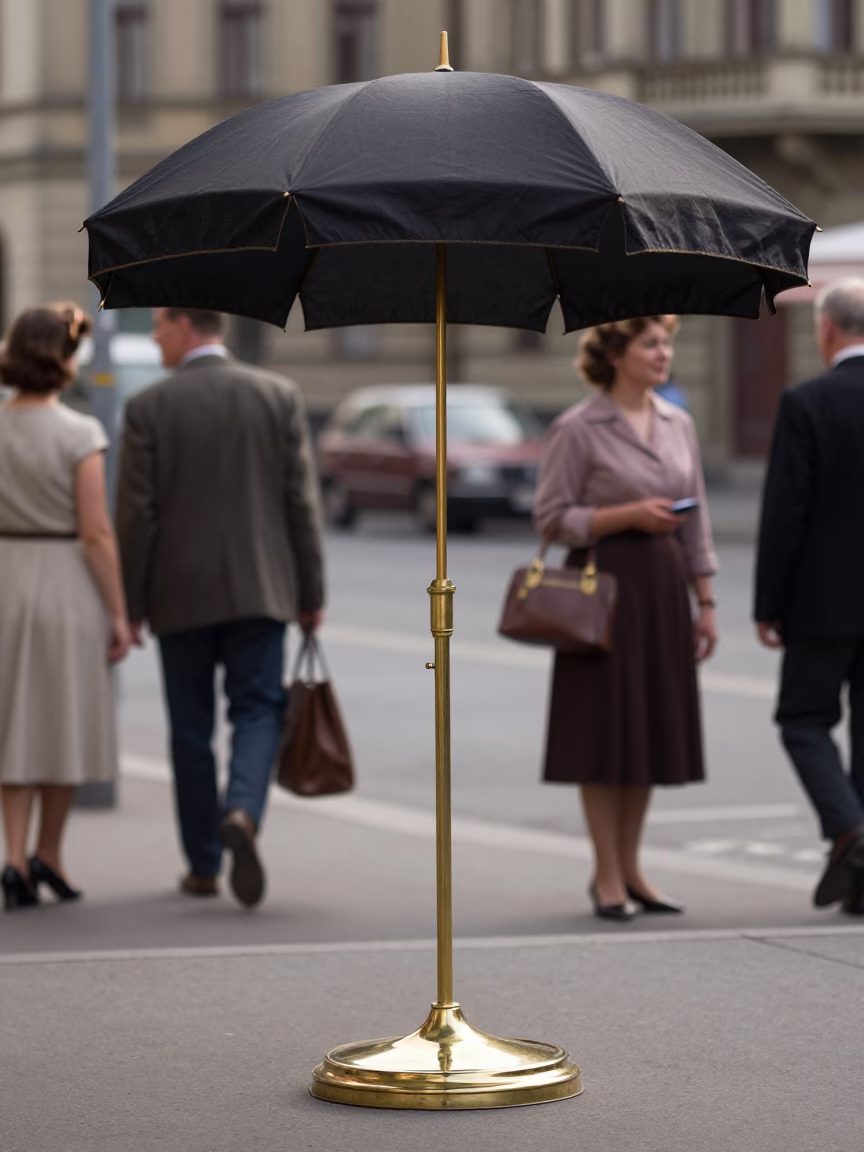 1950s Berlin Street Scene with Vintage Umbrella and Brass Umbrella Stand in in Berlin, Germany