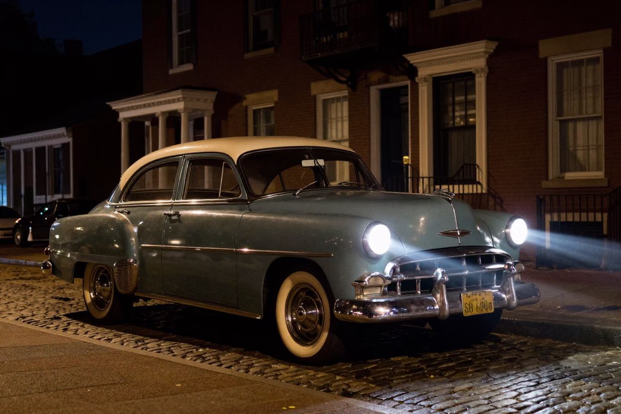 1950s Boston Night Street Scene with Vintage Car and City Lights in in Boston, Massachusetts, United States