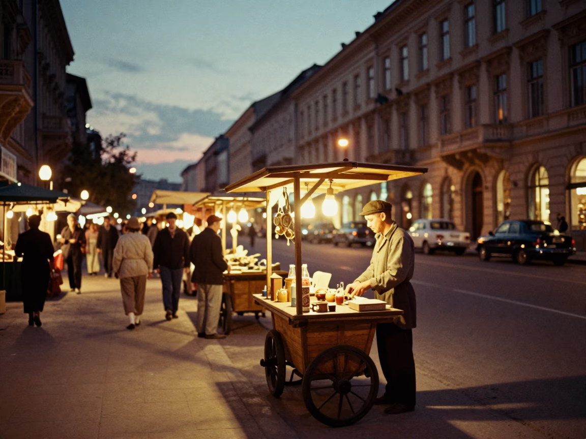 1950s Budapest Evening Street Scene with Vintage Market Stalls and City Lights in in Budapest, Hungary