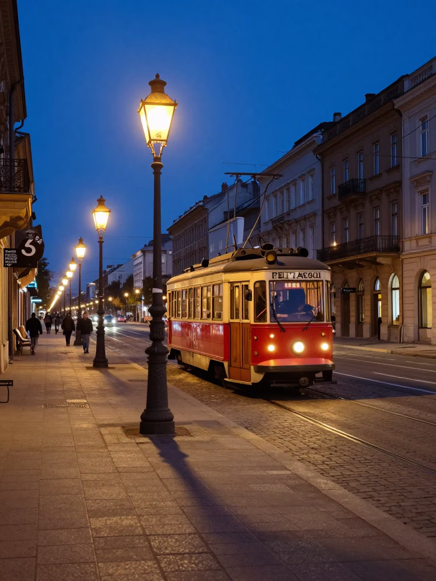 1950s Budapest Evening Street Scene with Vintage Tram and Pedestrians in in Budapest, Hungary