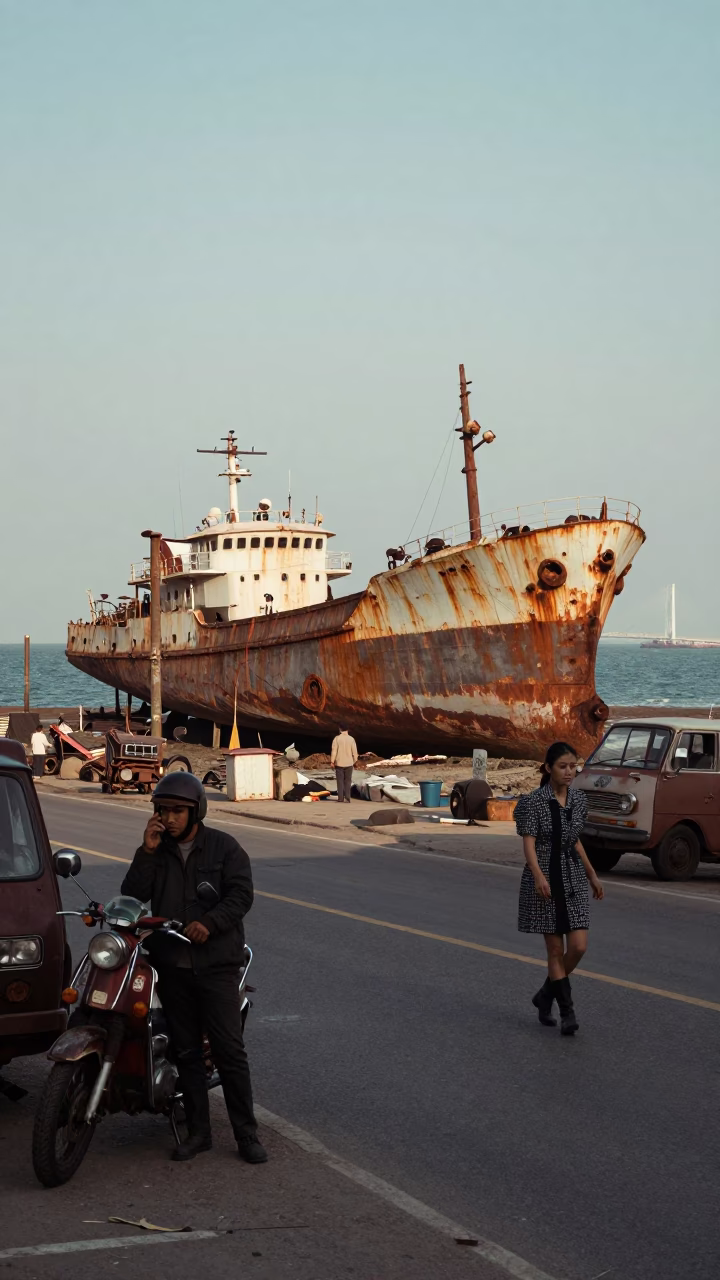 1950s Busan Street Scene with Rusting Ship and Welding Sparks Under Bridge in in Busan, South Korea