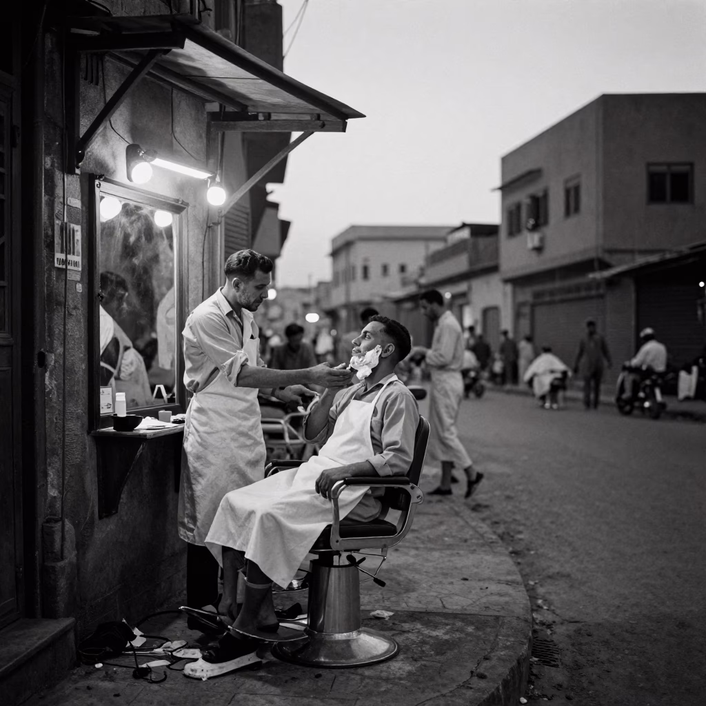 1950s Cairo Evening Street Scene with Barber Shop Shave and Traditional Attire in in Cairo, Egypt