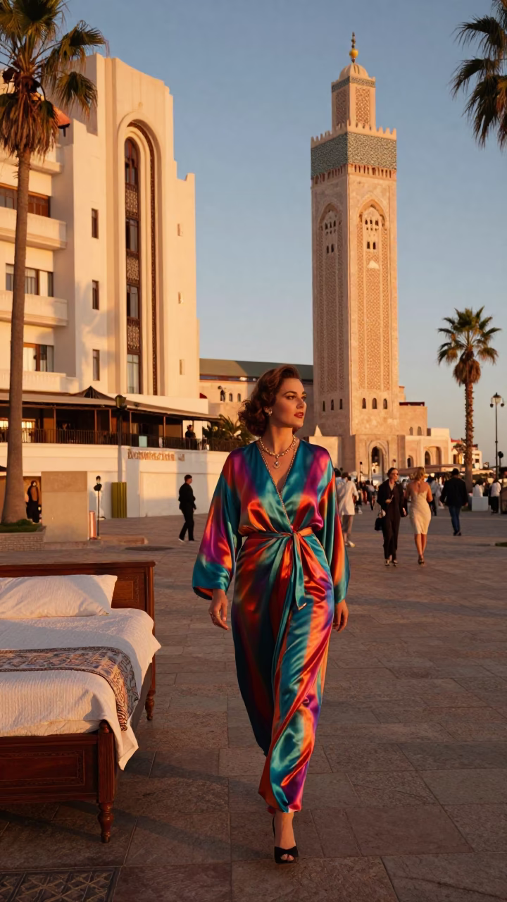 1950s Casablanca High Fashion Evening Street Scene with Bedside Lamp Detail in in Casablanca, Morocco