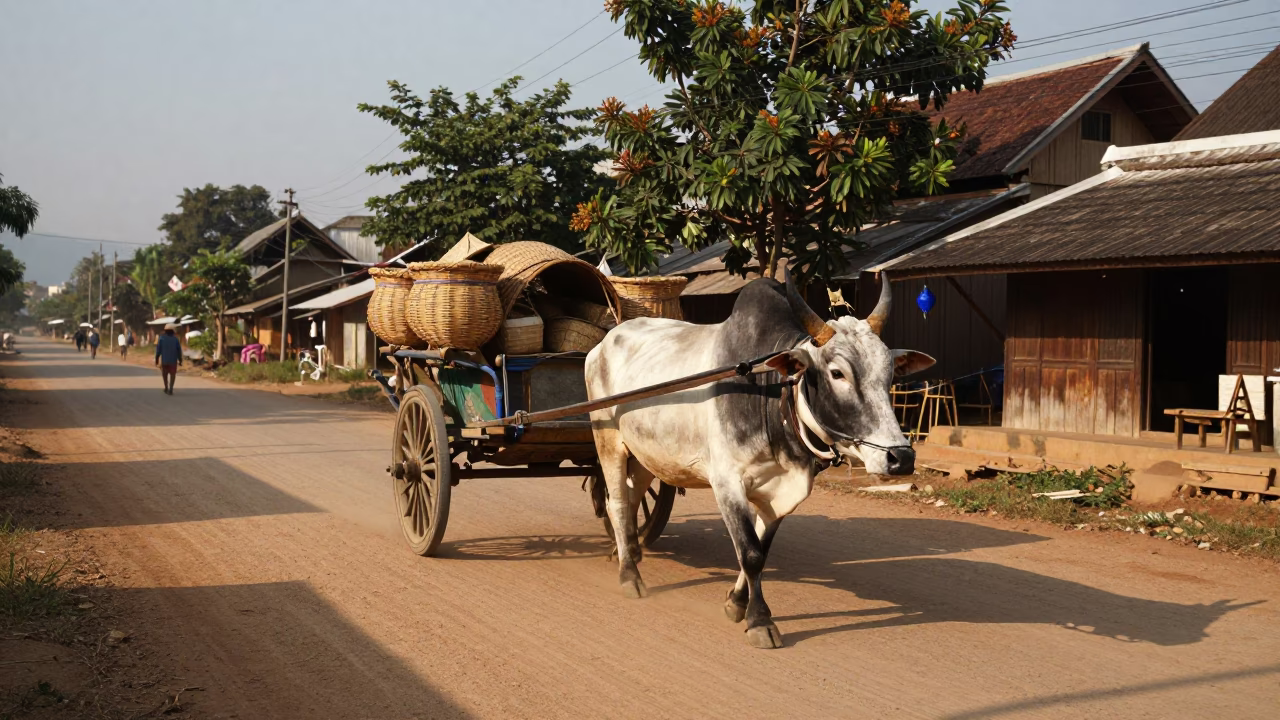 1950s Chiang Mai Street Scene with Ox Cart and Late Afternoon Light in in Chiang Mai, Thailand