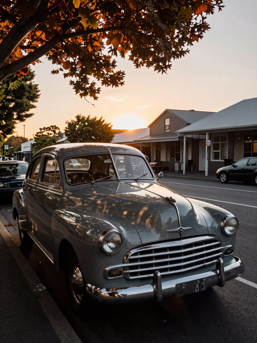 1950s Christchurch Street Scene with Vintage Car and Leaf Shadows at Sunset in in Christchurch, New Zealand