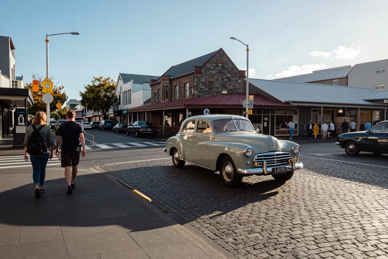 1950s Christchurch Street Scene with Vintage Car and Pedestrians in Late Afternoon Light in in Christchurch, New Zealand
