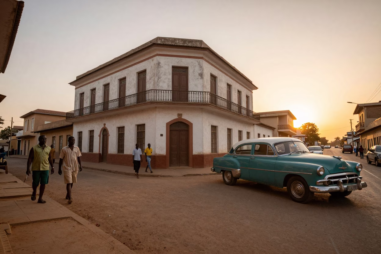 1950s Dakar Senegal Sunset Street Scene with Vintage Car and Local Pedestrians in in Dakar, Senegal