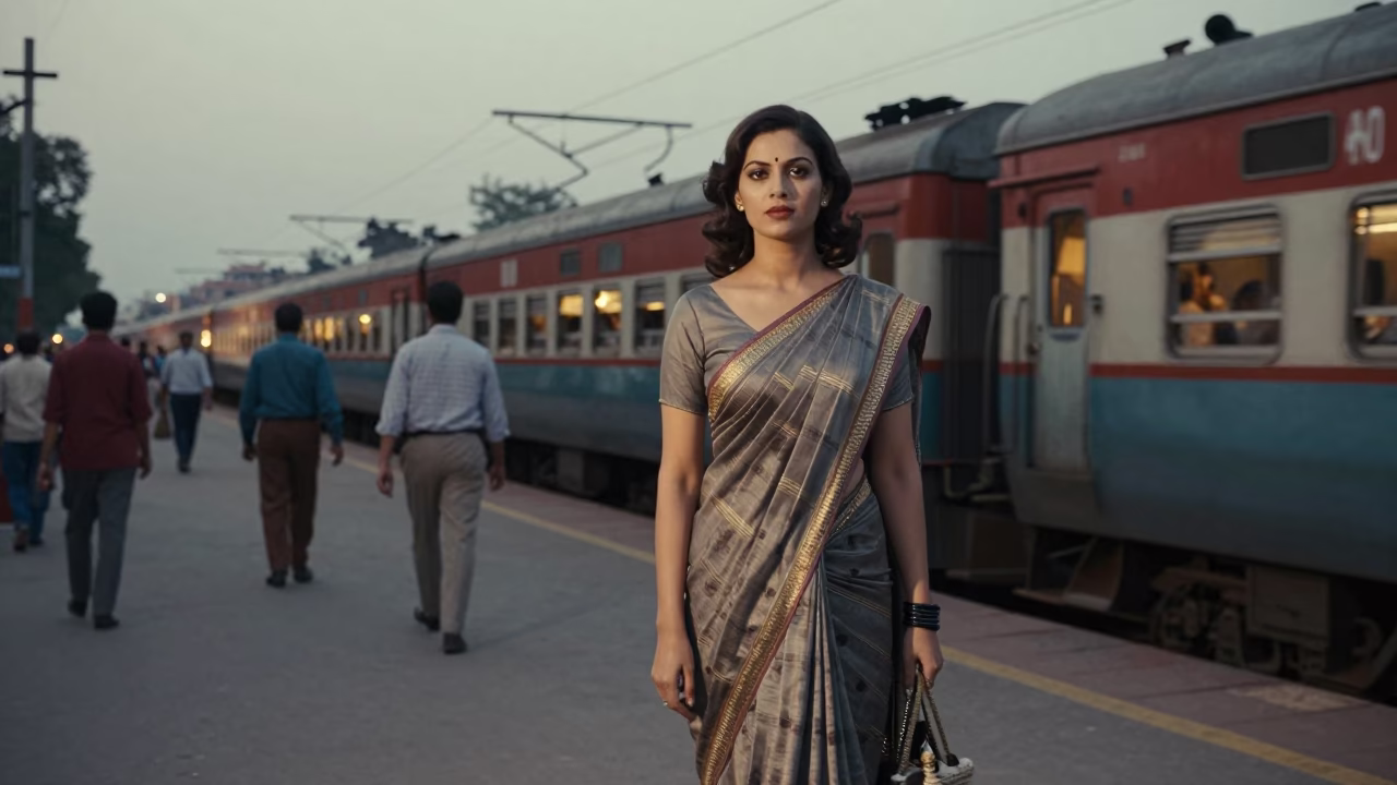 1950s Delhi Street Fashion Portrait with Commuter Train and Evening Lights in in Delhi, India