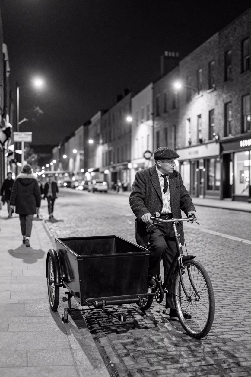 1950s Dublin Street Scene Under Deep Night Sky with Vintage Bicycle and Local Interaction in in Dublin, Ireland