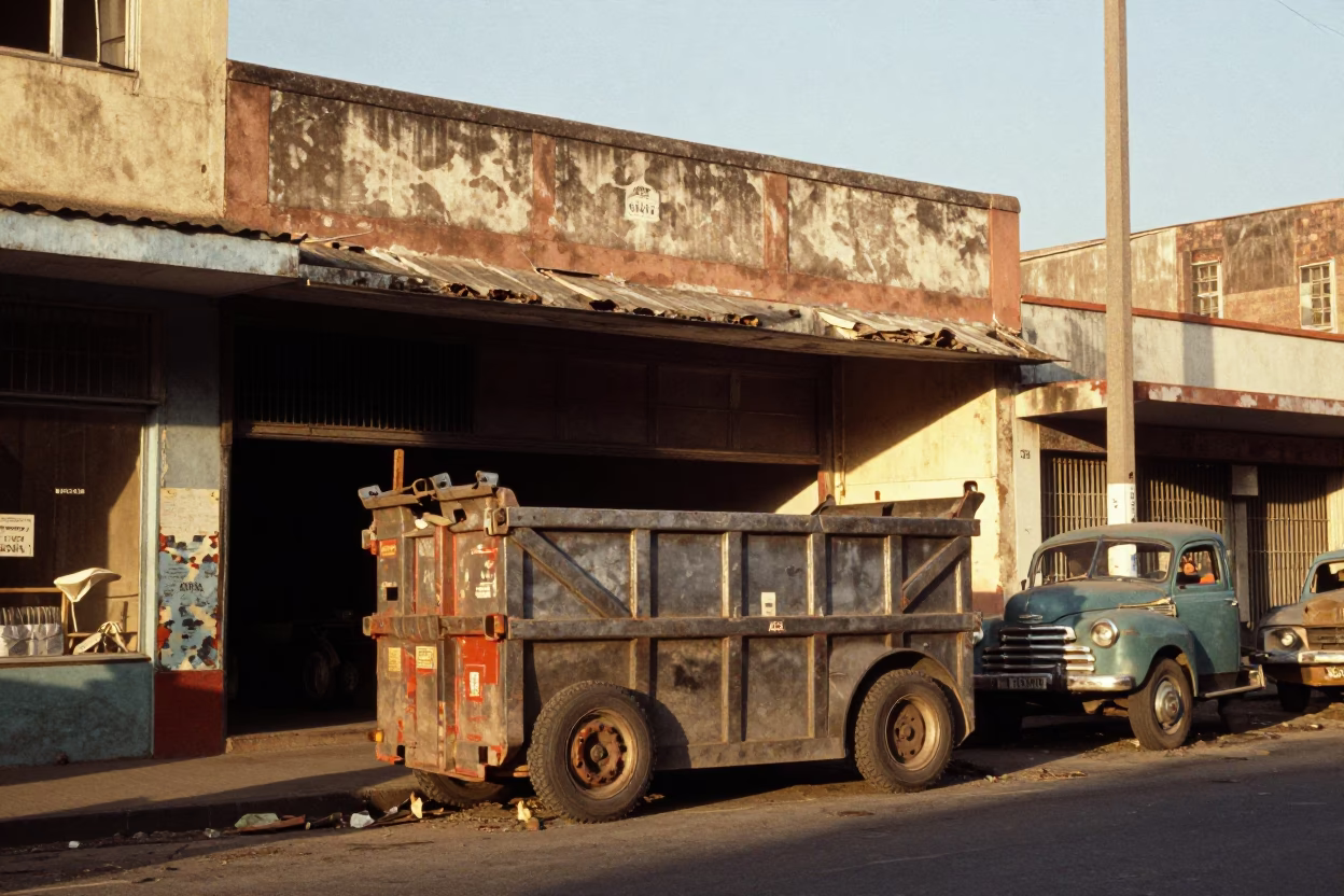 1950s Durban Street Scene with Demolition Dumpster and Vintage Storefront Facade in in Durban, South Africa