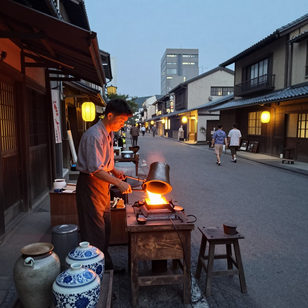 1950s Fukuoka Japan street scene with bellows and porcelain jars at dusk in in Fukuoka, Japan