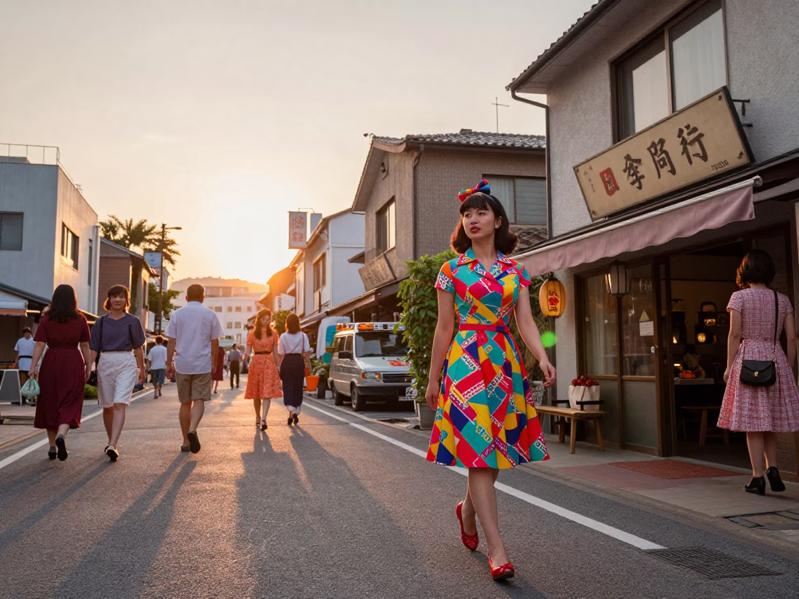 1950s Fukuoka Street Scene with Colorful Fashion and Vintage Details at Sunset in in Fukuoka, Japan