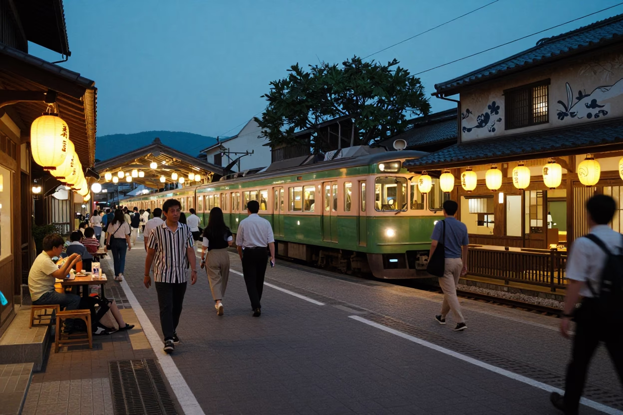 1950s Fukuoka Street Scene with Night Market Lanterns and Vintage Metro Train in in Fukuoka, Japan