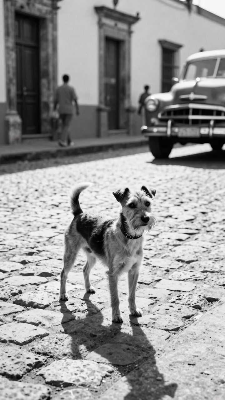 1950s Guadalajara Street Scene with Manchester Terrier and Vintage Automobile in in Guadalajara, Mexico