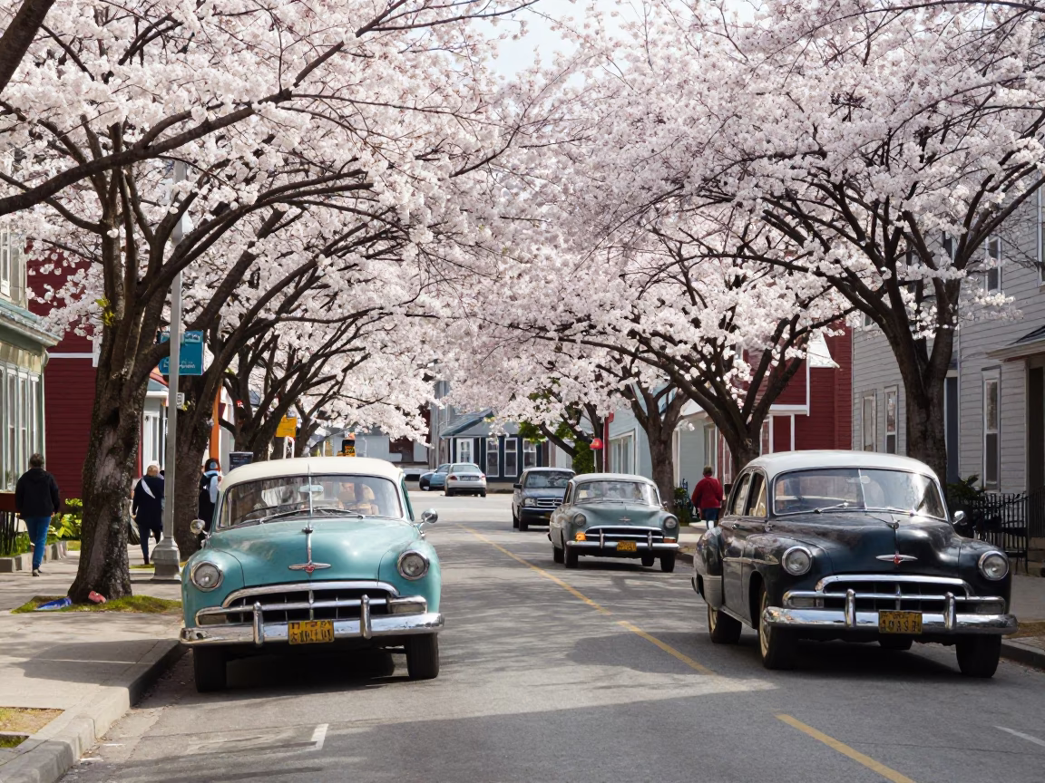 1950s Halifax Street Scene with Vintage Cars and Cherry Blossoms in in Halifax, Nova Scotia, Canada