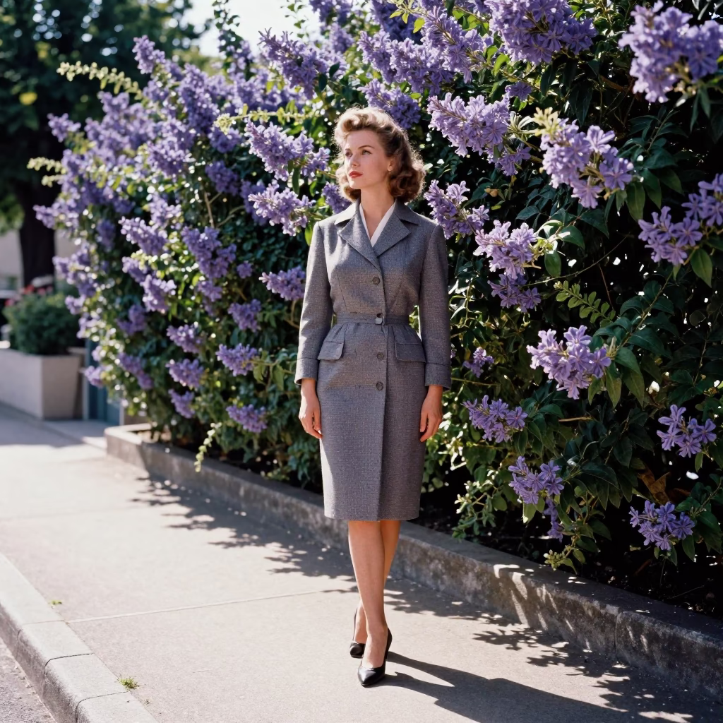 1950s High Fashion Portrait in Nice France Late Morning Plumbago Hedge in in Nice, France