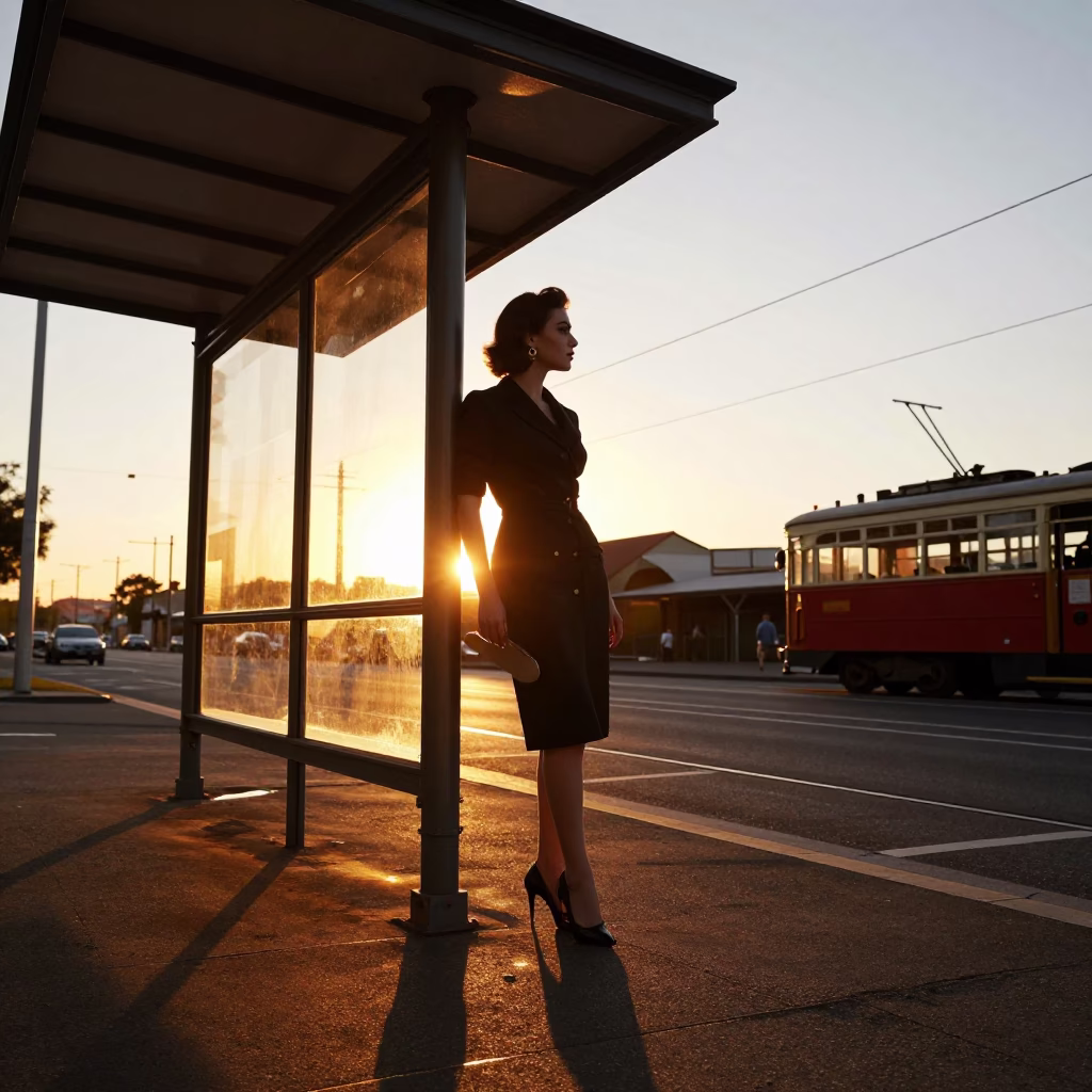 1950s High Fashion Sunset Portrait in Melbourne Victoria Australia Street Scene in in Melbourne, Victoria, Australia