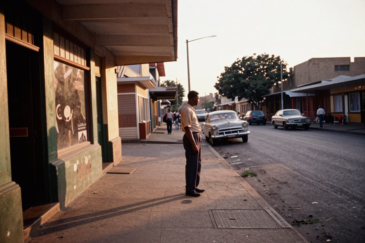 1950s Johannesburg Street Scene Evening Light and Vintage Shop Display in in Johannesburg, South Africa