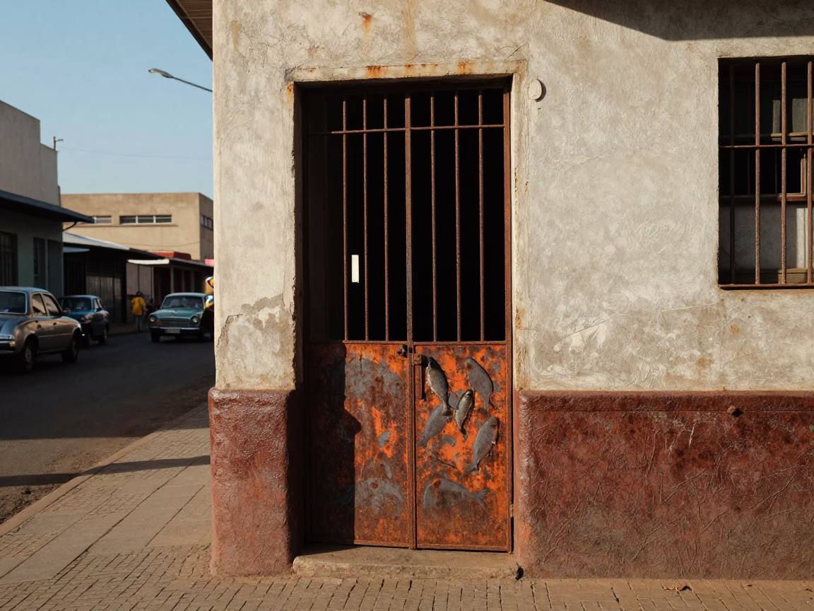 1950s Johannesburg Street Scene with Rusty Doorframe and Fish Scale Pattern Details in in Johannesburg, South Africa