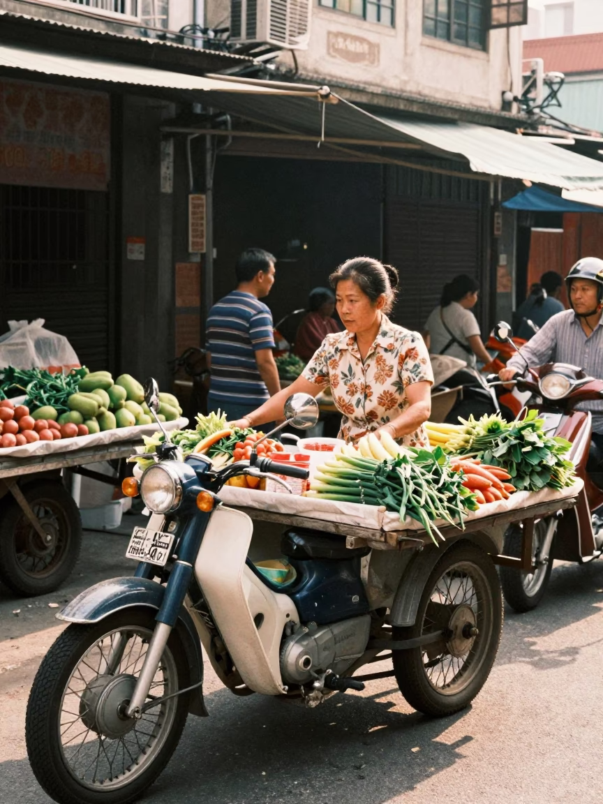 1950s Kaohsiung Street Scene with Vintage Motorcycle and Local Vendor in in Kaohsiung, Taiwan