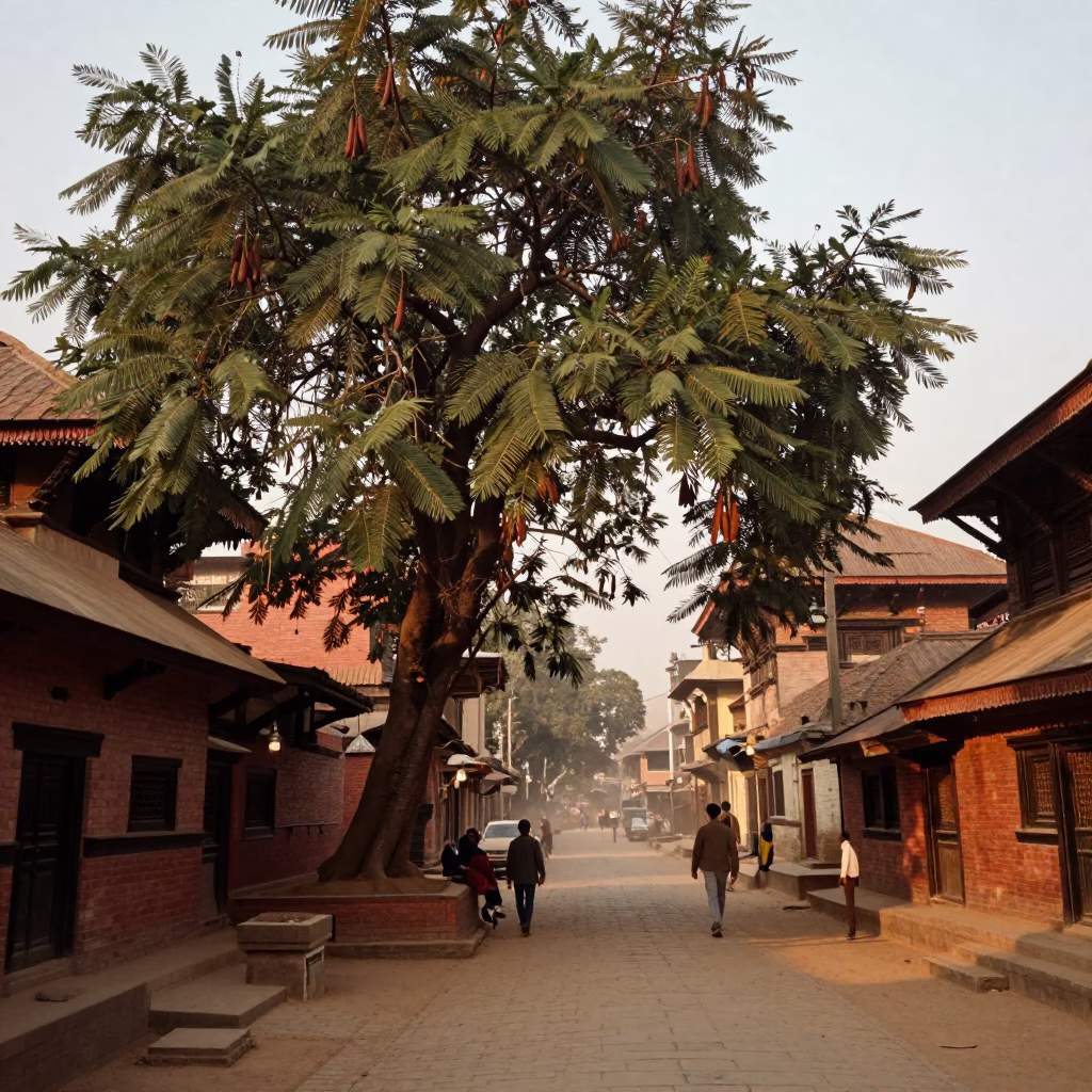 1950s Kathmandu Street Scene with Tamarind Tree and Dusty Plaster Walls in in Kathmandu, Nepal