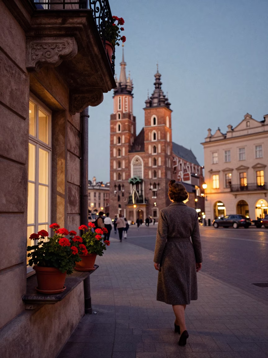 1950s Krakow Evening Street Scene with Potted Geraniums and Vintage Lampshade in in Krakow, Poland