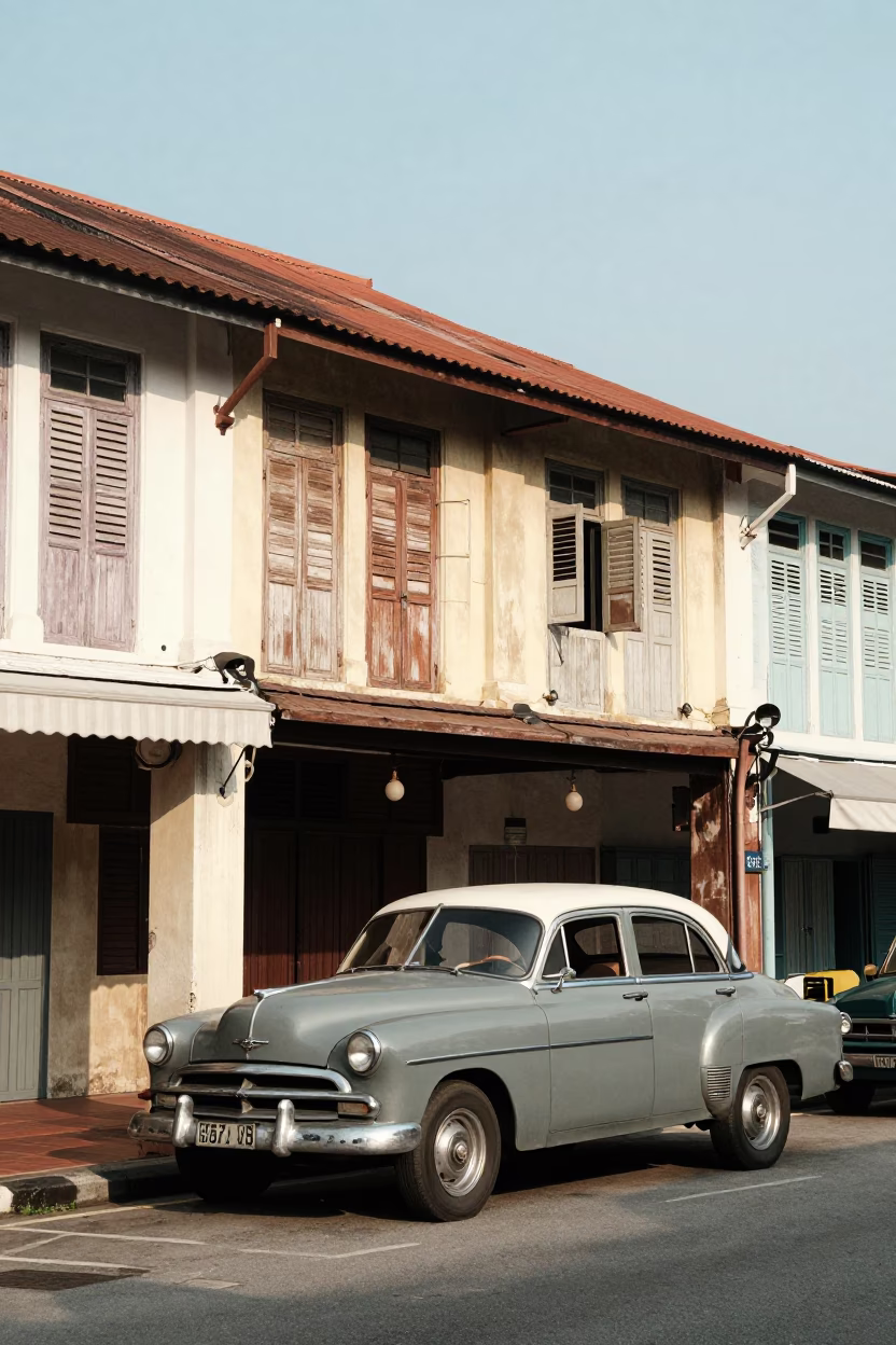 1950s Kuala Lumpur Street Scene with Vintage Car and Local Shopfronts in in Kuala Lumpur, Malaysia