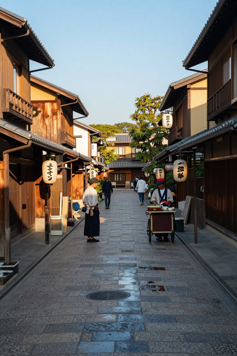 1950s Kyoto Street Scene with Lantern and Grease Sheen on Wooden Sill in in Kyoto, Japan