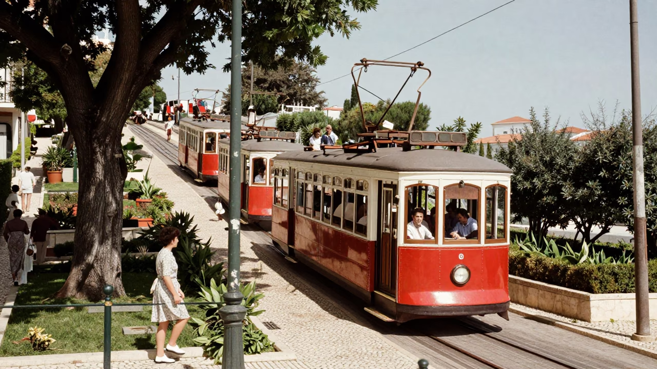 1950s Lisbon Street Scene with Funicular and Fig Tree Under Noon Sun in in Lisbon, Portugal