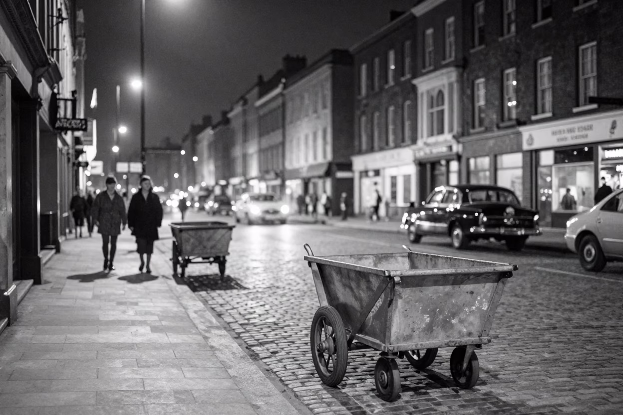 1950s Liverpool Night Street Scene with Carts and Urban Details in in Liverpool, United Kingdom