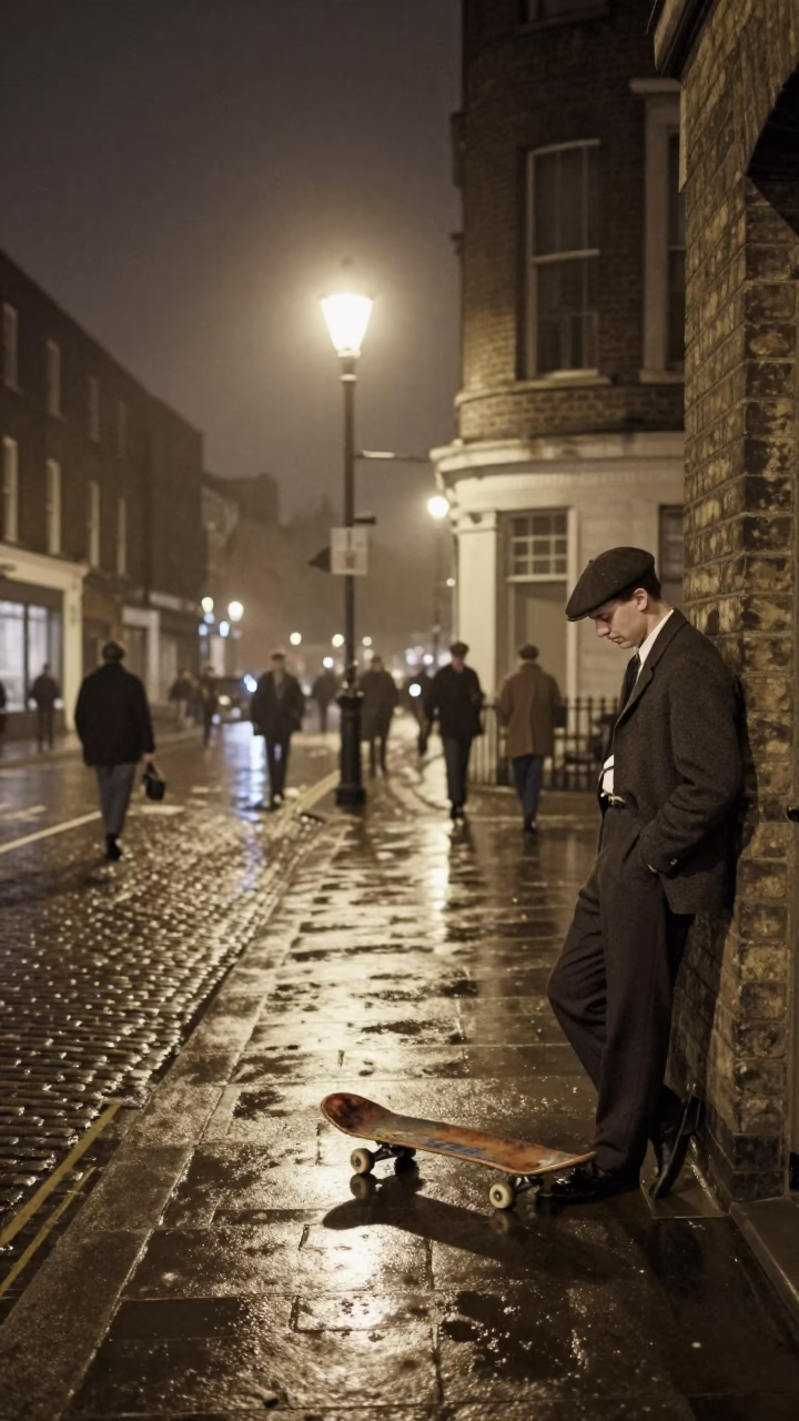 1950s London Night Street Scene with Skateboard and Rusty Basin in in London, United Kingdom