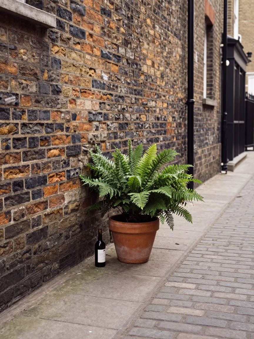 1950s London Street Scene with Plant Pot and Wine Opener in in London, United Kingdom