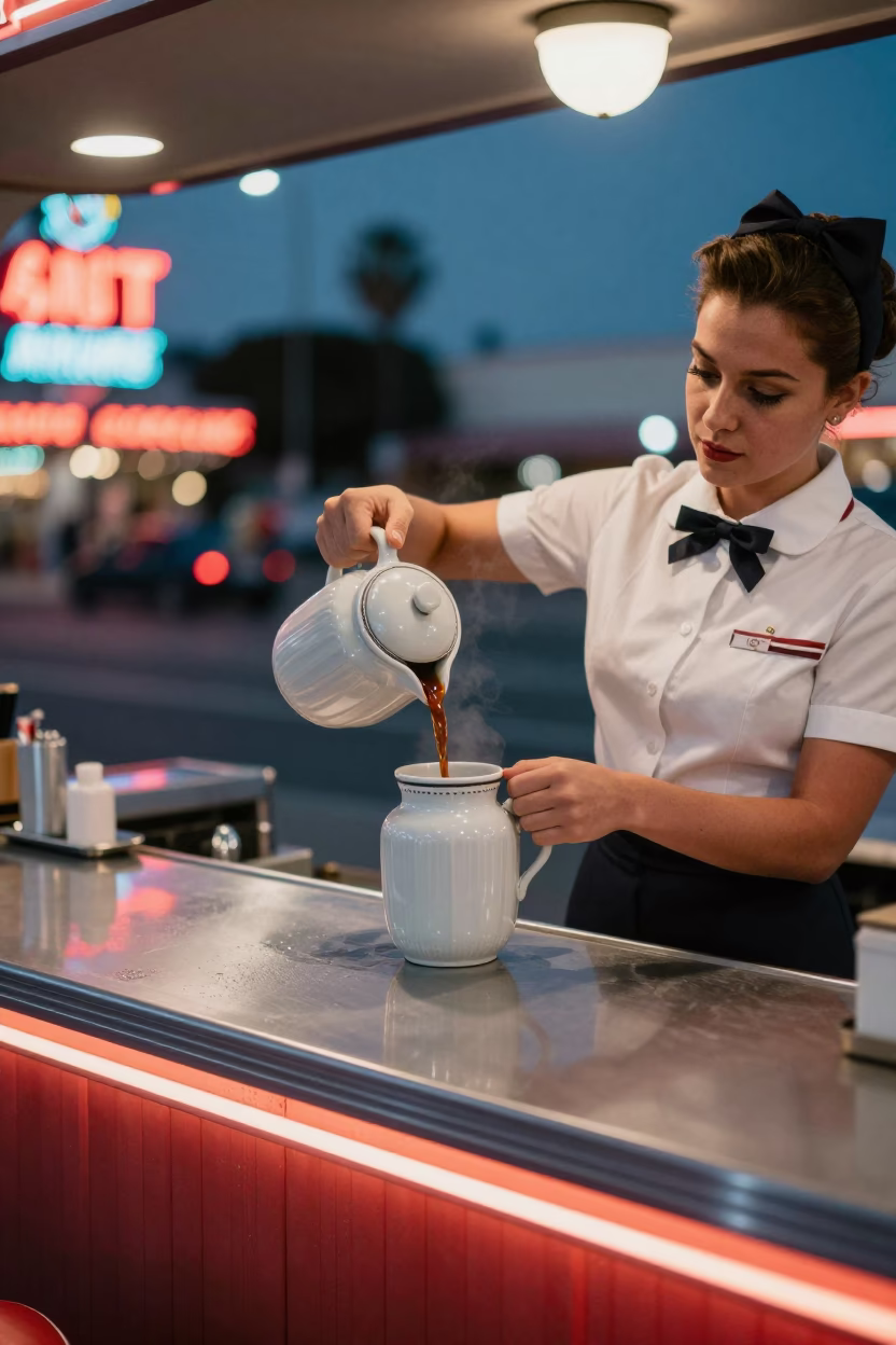 1950s Los Angeles Diner Counter with Condensation and Porcelain Jar at Night in in Los Angeles, California, United States