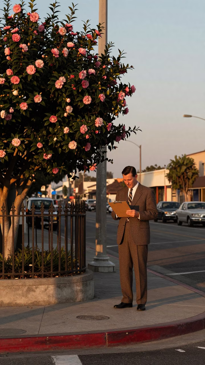 1950s Los Angeles Evening Street Scene with Clipboard and Camellia Blooms in in Los Angeles, California, United States