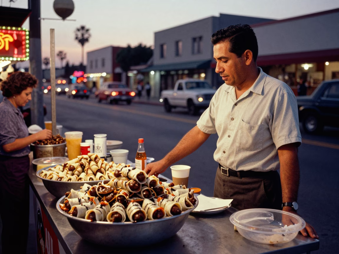 1950s Los Angeles Evening Street Scene with Colorful Food and Vintage Details in in Los Angeles, California, United States